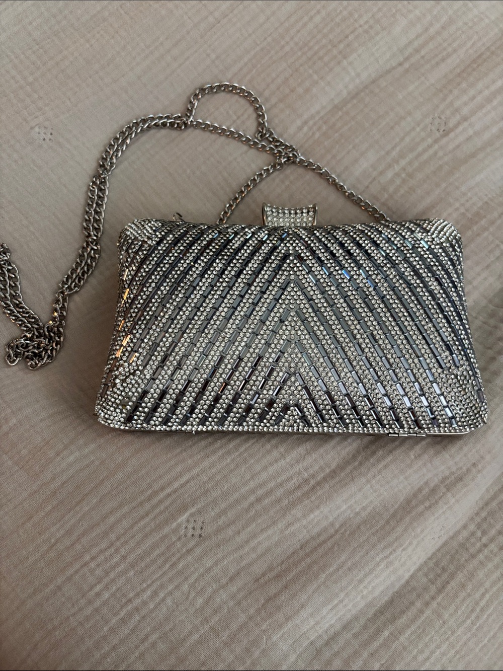 Silver Crystal Chevron Evening Clutch with Chain Strap